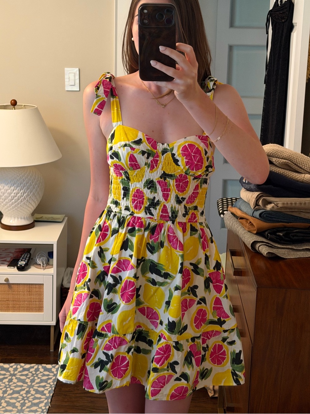 Aqua Yellow Floral Tie-Shoulder Mini Dress